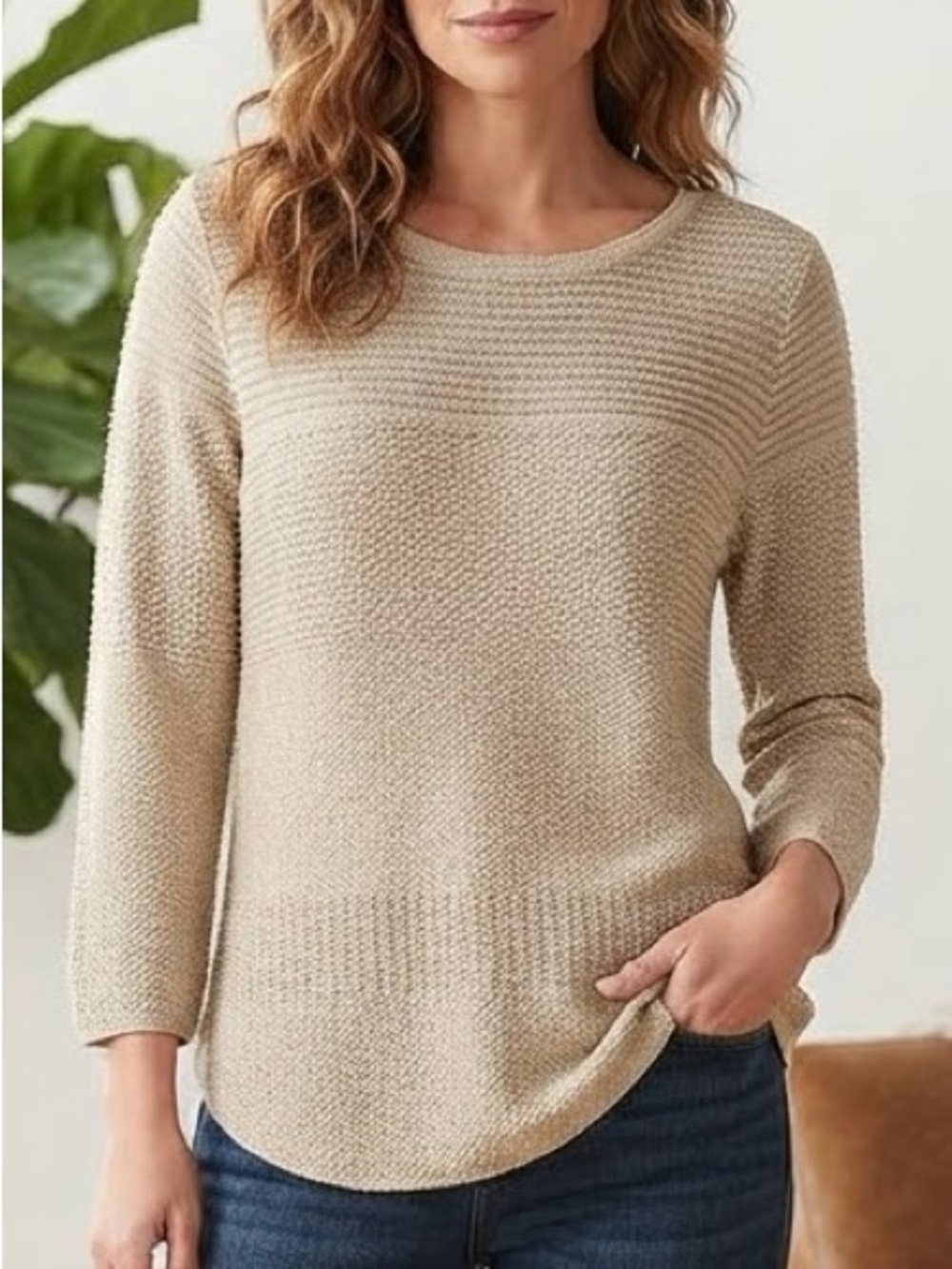Chico's Beige Textured Knit Crewneck Sweater Size 3 / XL